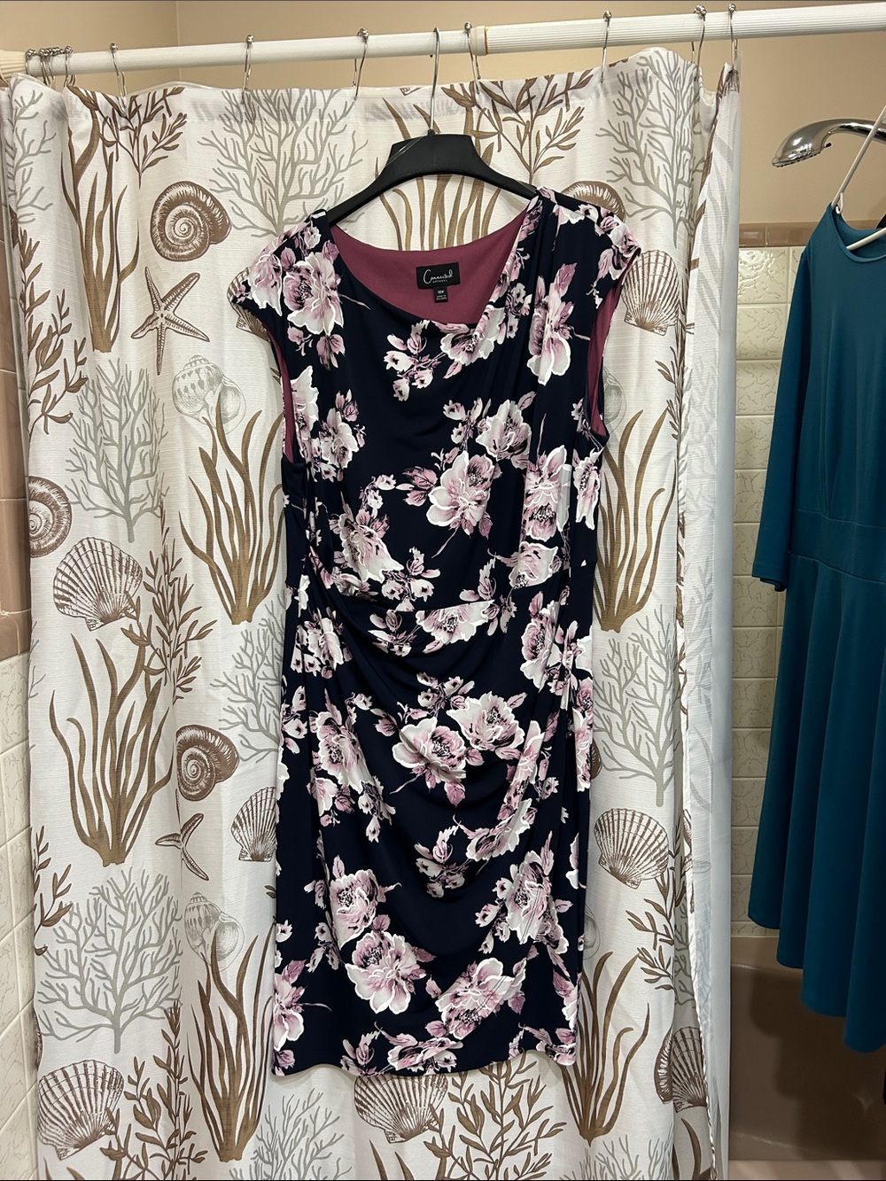 connected apparel Black Floral Midi Dress with Pink Blossoms